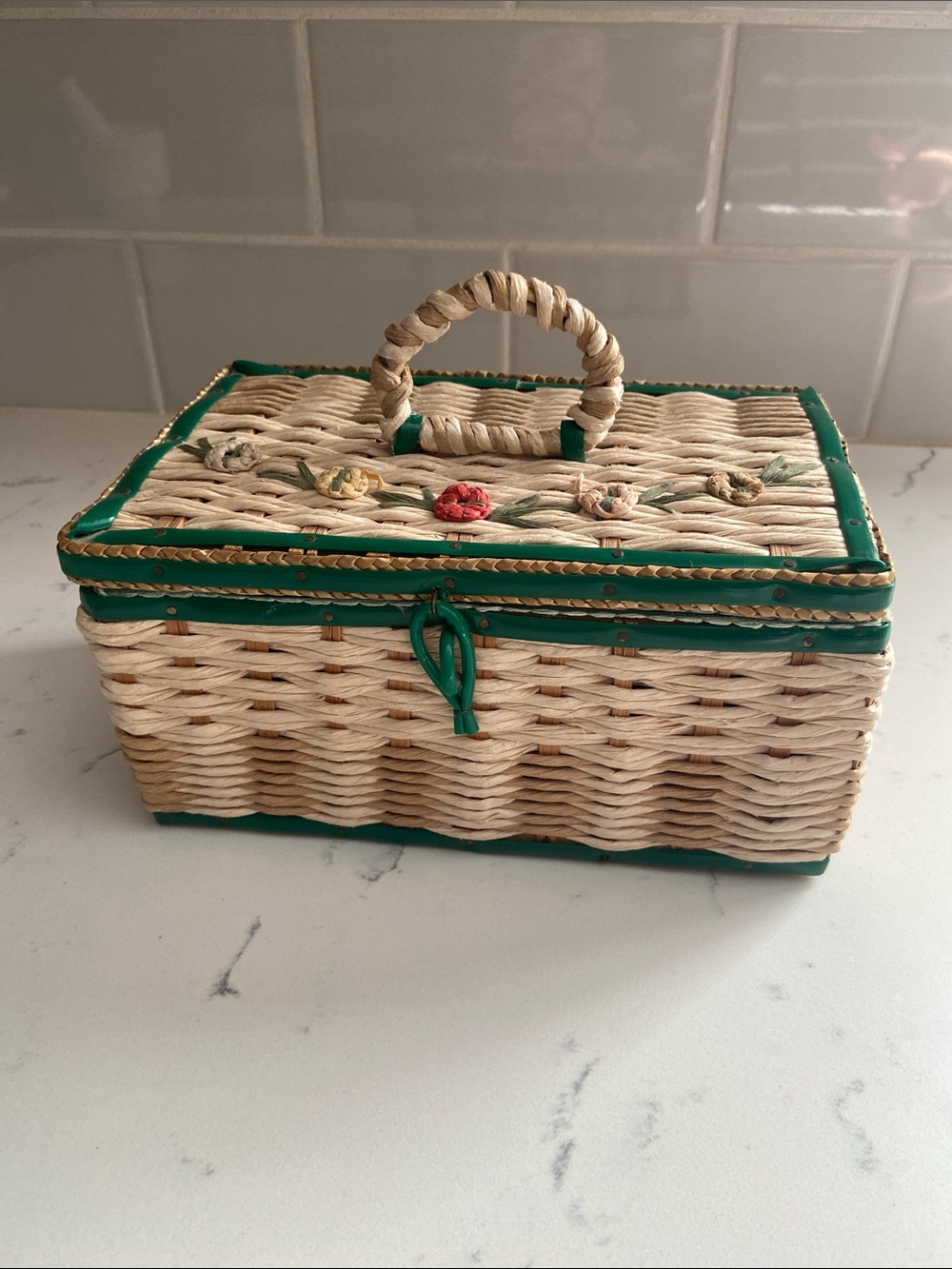 Vintage 1950s Woven Sewing Basket Green Floral Raffia